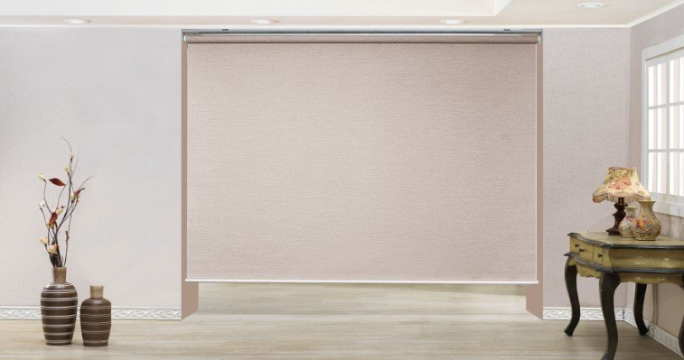 Blush linen-look roll shade lowered across a wide window