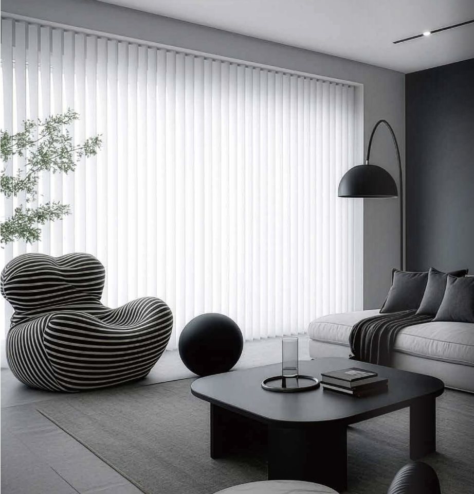 Living room with floor-to-ceiling white ARAD Shades